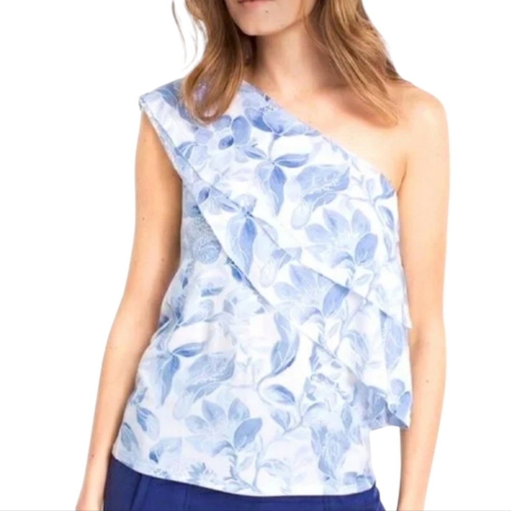 WHBM Womens Floral Print One Shoulder Ruffled Tiered Top Size‎ S